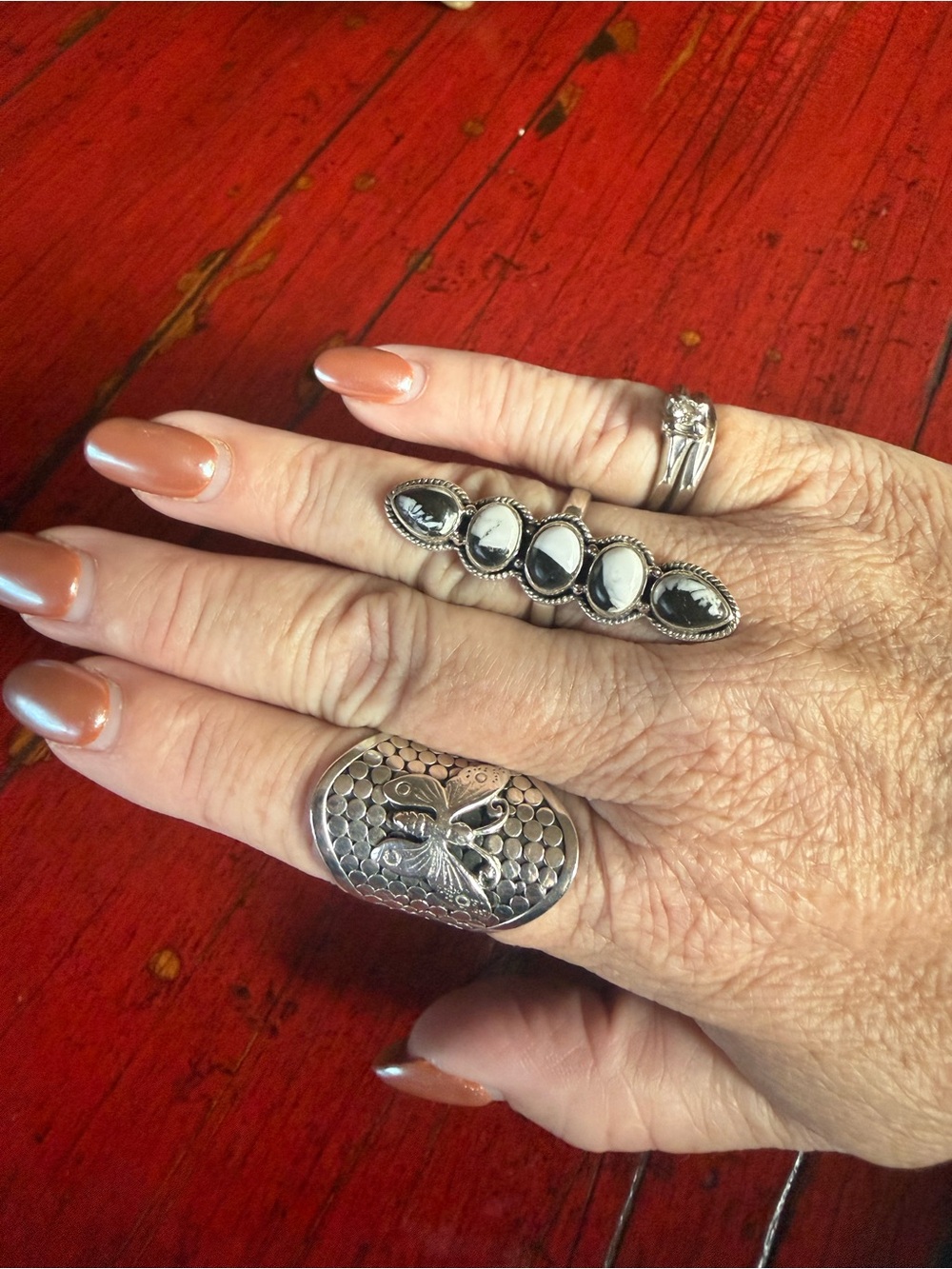 White Buffalo 5 Stone Sterling Silver 925 Adjustable Statement Ring Size to 8.
